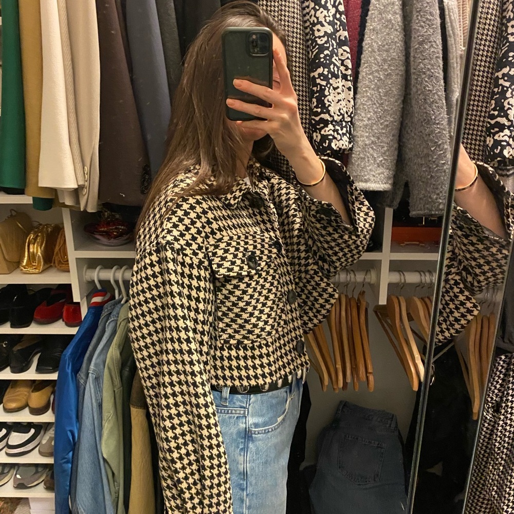 Houndstooth cropped blazer jacket with lapel - Picture 3 of 7